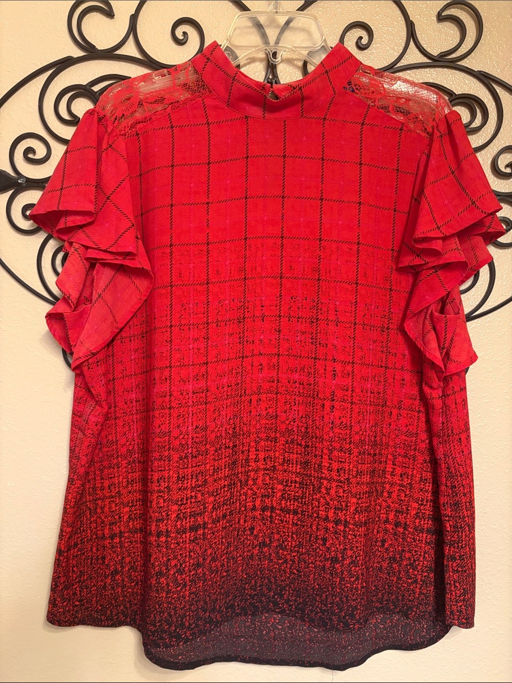 Apt. 9 Red Ombre Grid Ruffle Sleeve Mock Neck Blouse